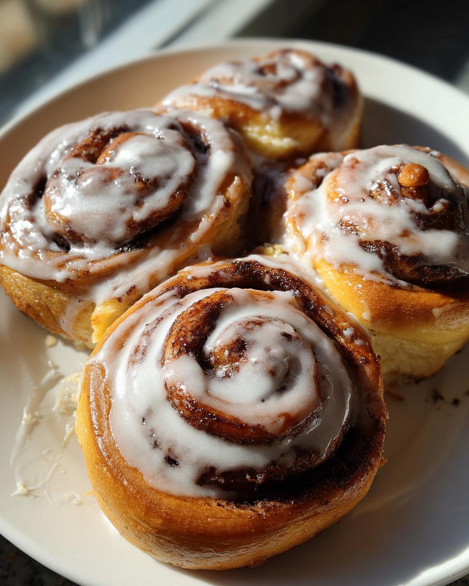 Close-up of four golden-brown sourdough discard cinnamon rolls generously topped with white icing on a white plate.