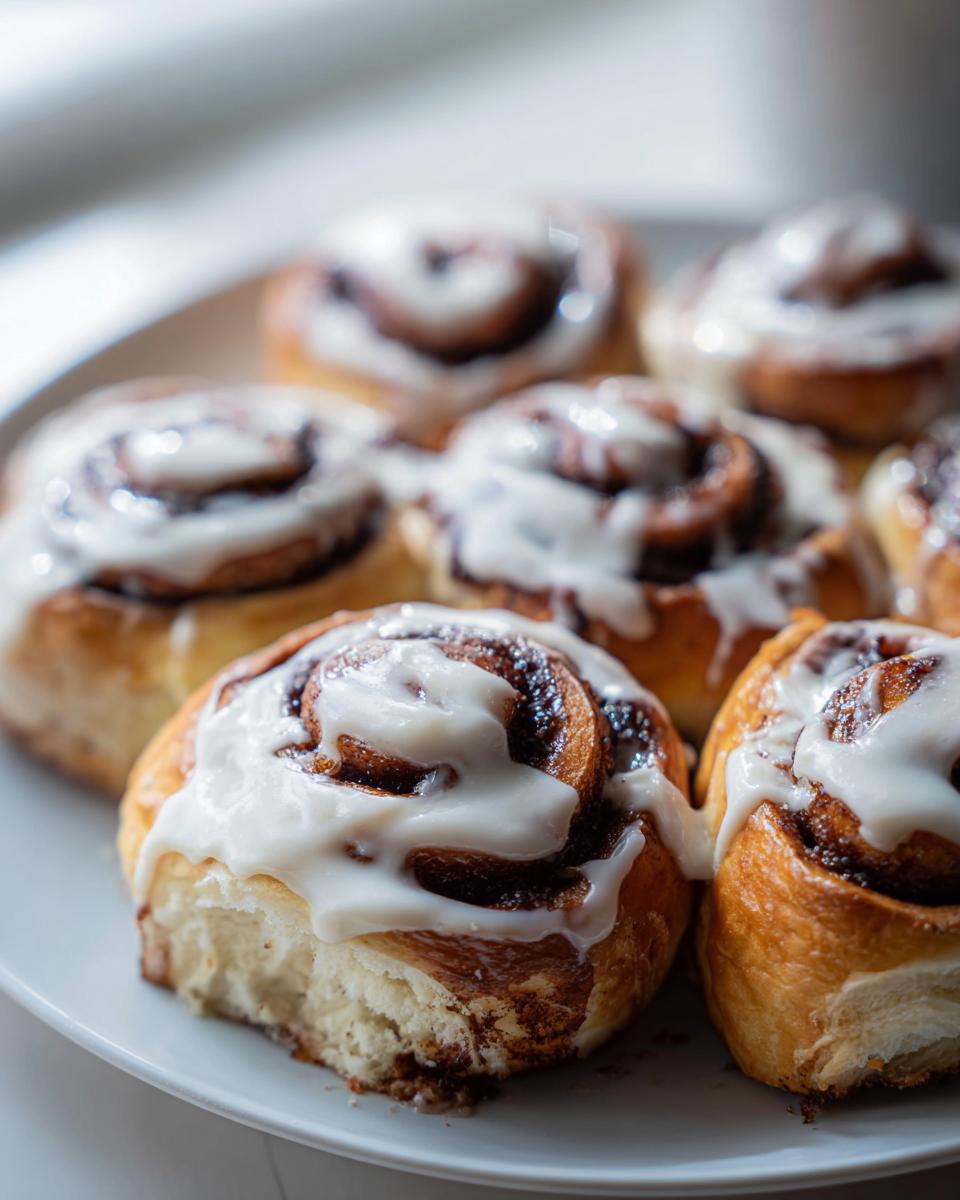 A plate of freshly baked sourdough discard cinnamon rolls generously topped with white cream cheese icing.