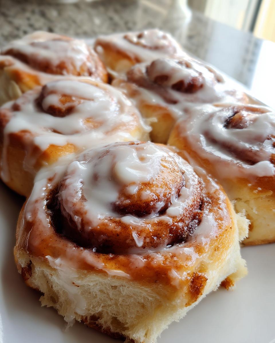 Close-up of several fluffy sourdough discard cinnamon rolls generously topped with white icing.