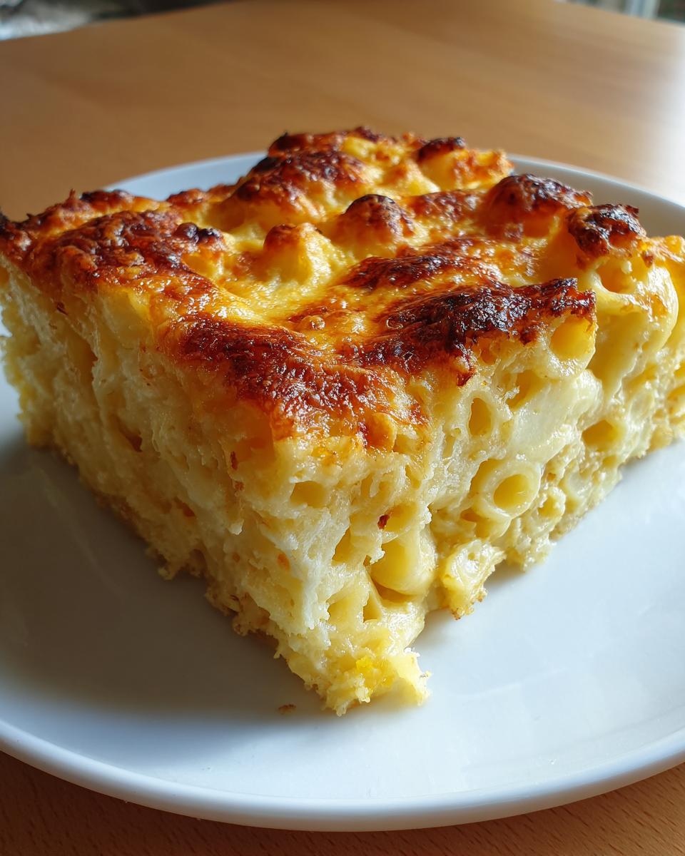 A thick, square slice of creamy southern baked macaroni and cheese with a golden-brown, bubbly cheese crust.