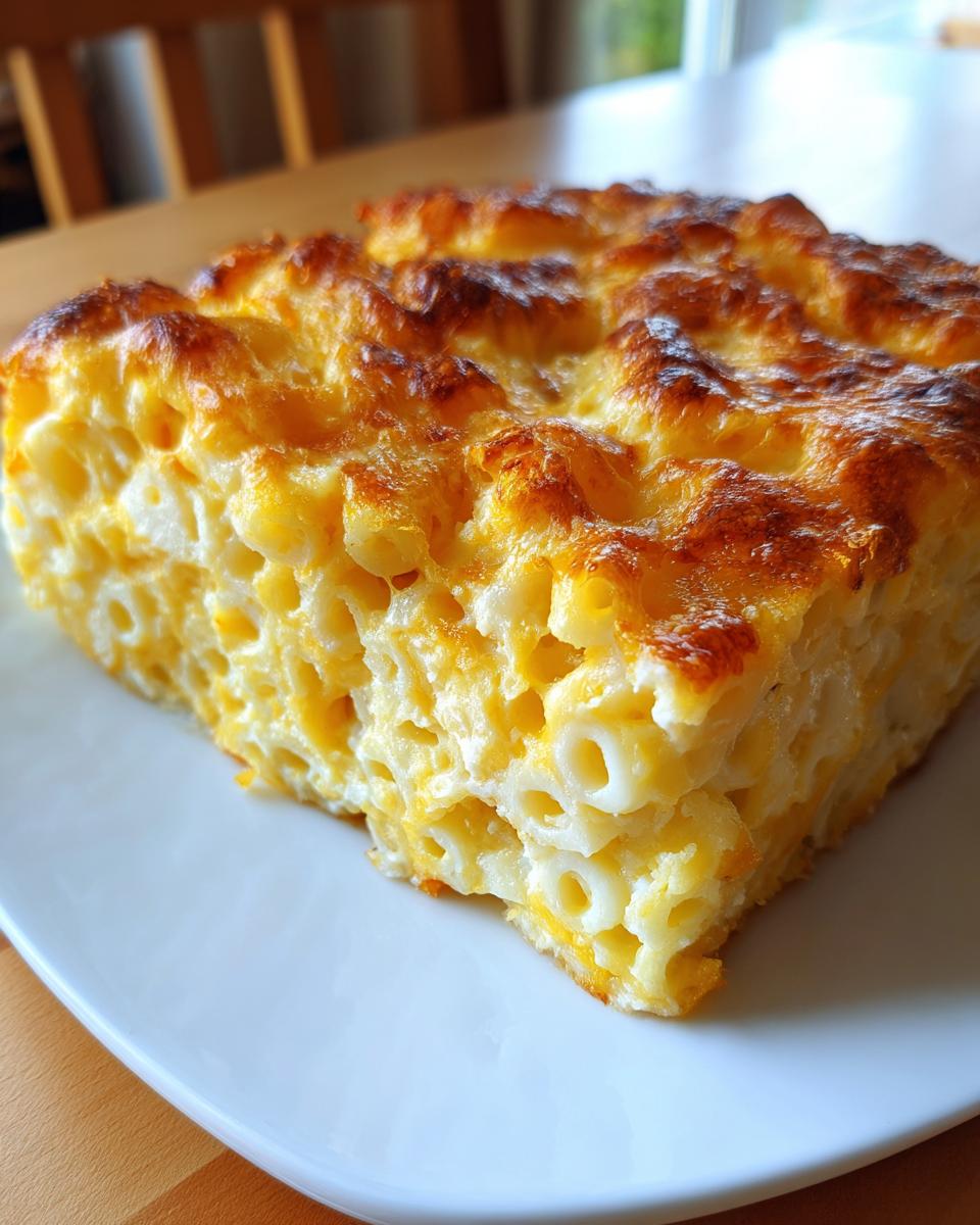 A square slice of creamy southern baked macaroni and cheese with a golden brown, bubbly, and crispy cheese top.