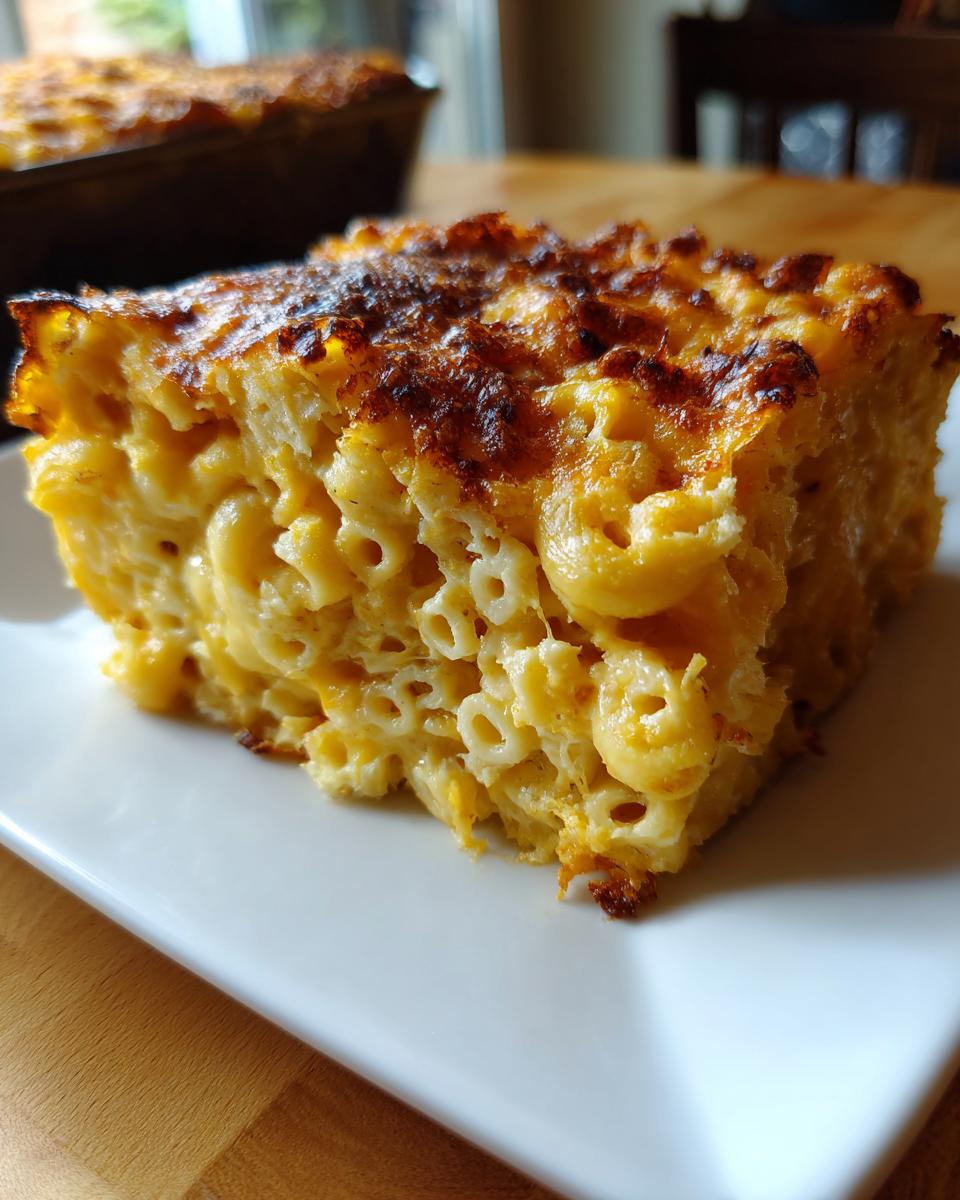 A square serving of creamy, cheesy southern baked macaroni and cheese with a deeply browned, crispy top crust.