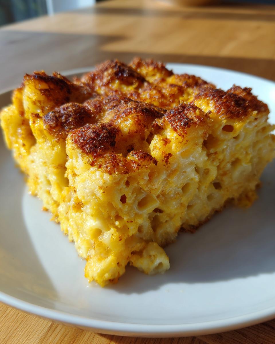 A square serving of rich, cheesy southern baked macaroni and cheese with a deeply browned, crispy top.