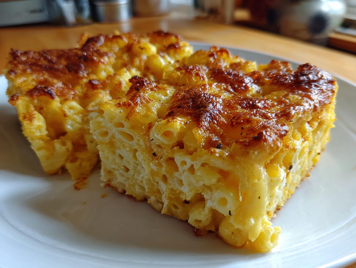 Two squares of rich, creamy southern baked macaroni and cheese with a deeply browned, cheesy crust.
