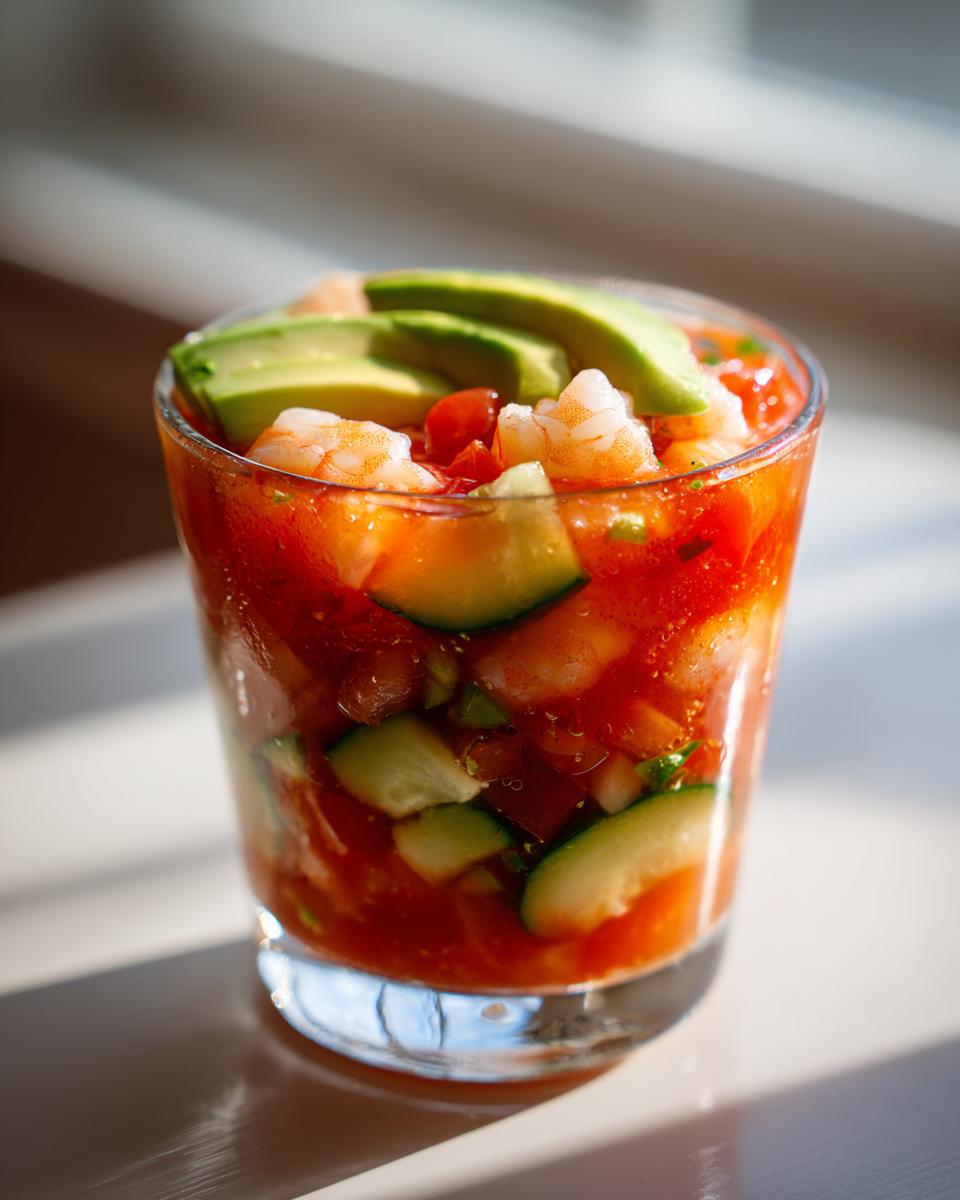A vibrant, spicy shrimp cocktail served in a glass, topped with sliced avocado, shrimp, and cucumber.