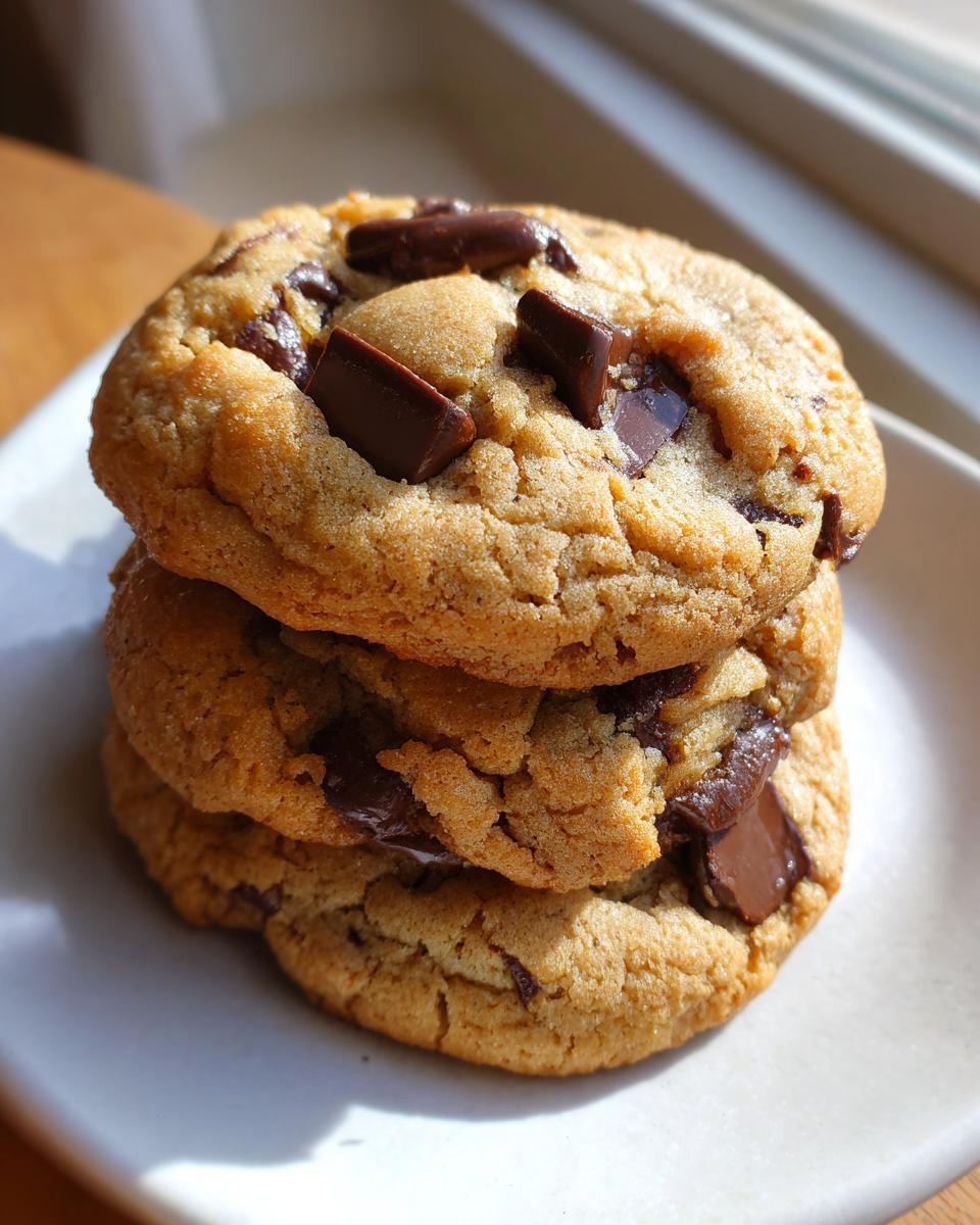 A stack of three soft, thick chocolate chip pudding cookies resting on a white plate.