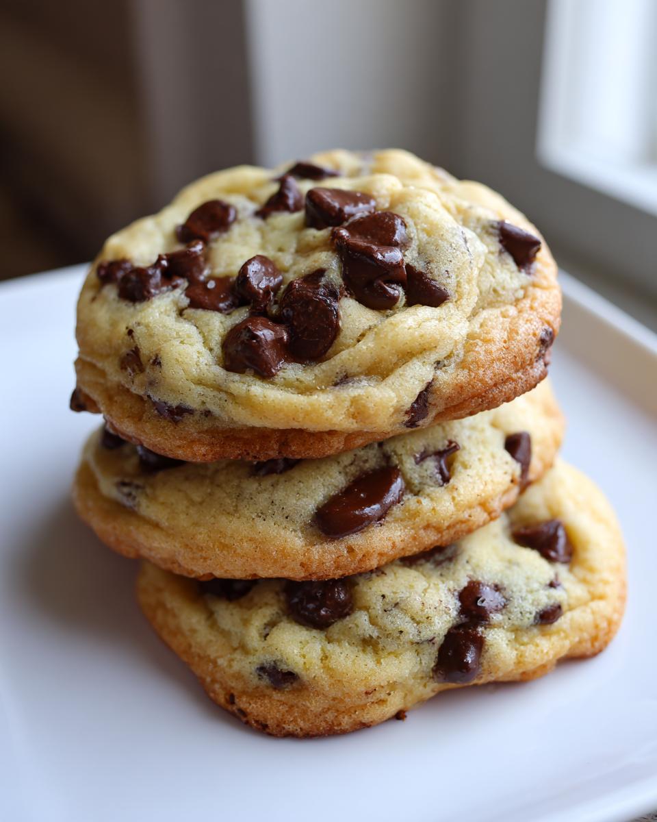 A stack of three thick, soft chocolate chip pudding cookies resting on a white plate.