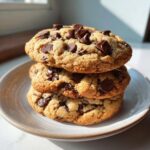 A stack of three thick, chewy pudding cookies loaded with chocolate chips resting on a small white plate.