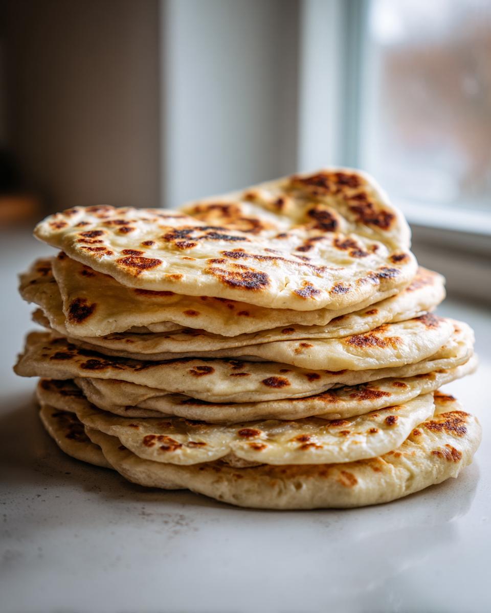 A tall stack of freshly made, soft naan bread with golden-brown charred spots.