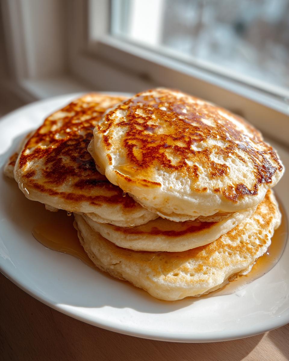 A stack of four golden-brown sourdough pancakes drizzled with syrup, sitting on a white plate near a window.