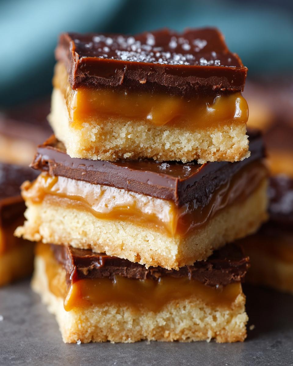 A stack of three homemade twix cookies showing shortbread base, thick caramel layer, and chocolate topping sprinkled with sea salt.
