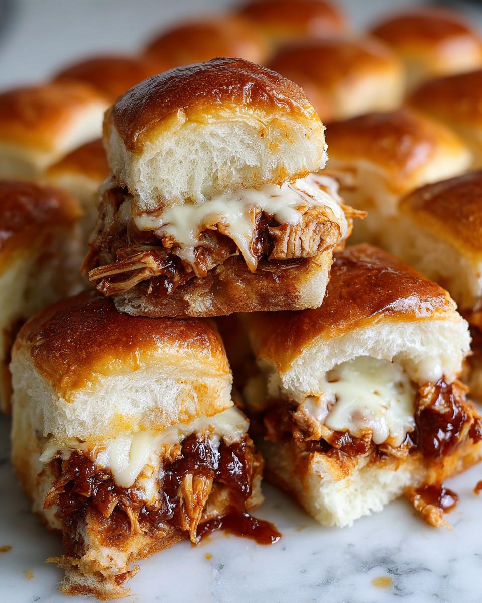 Close-up of stacked bbq chicken sliders showing shredded meat, rich sauce, and melted white cheese on soft rolls.