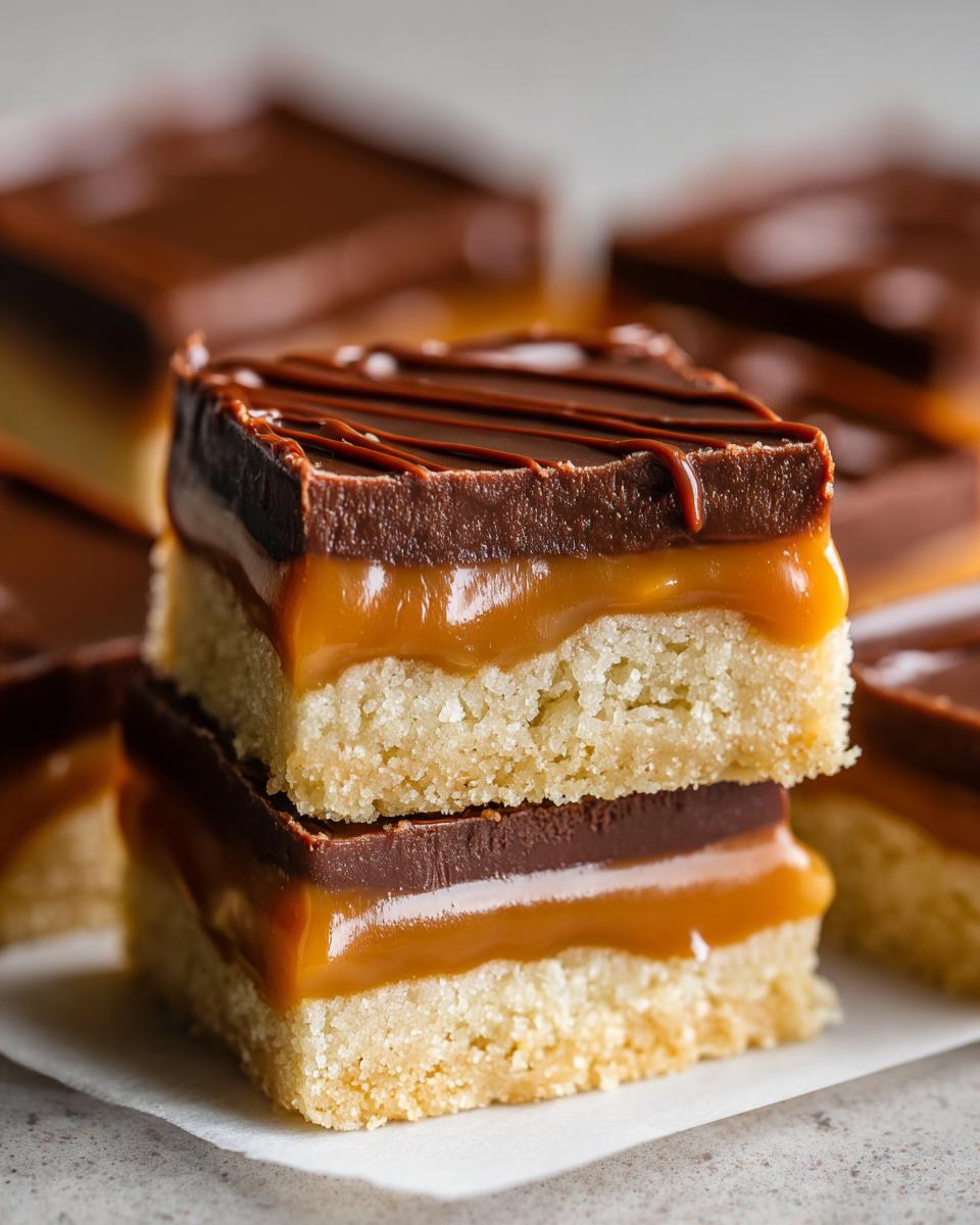 Two stacked squares of homemade twix cookies showing shortbread, thick caramel, and a chocolate topping with a drizzle.