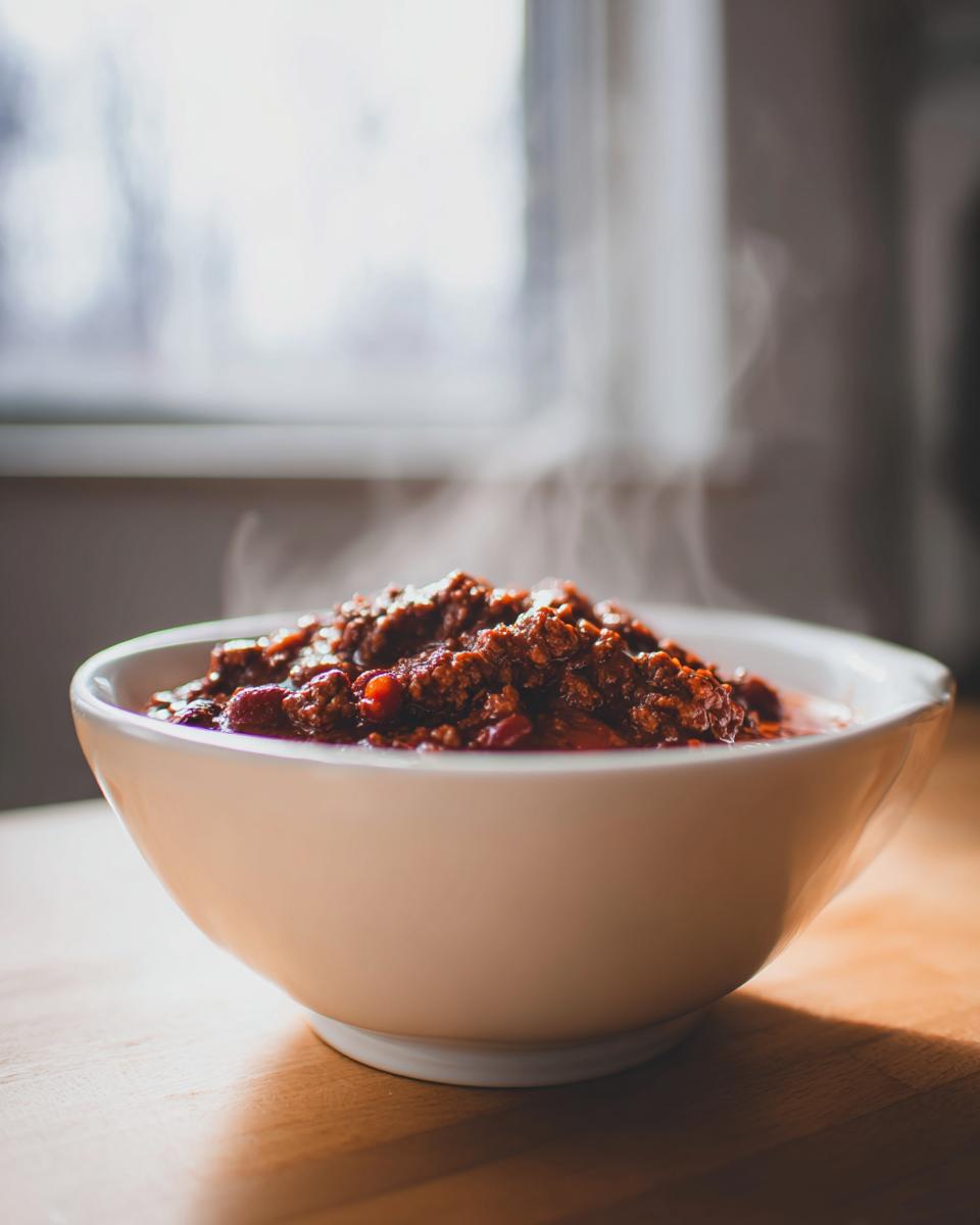 A close-up of a steaming white bowl filled with rich, dark red crockpot chili sitting on a wooden surface.