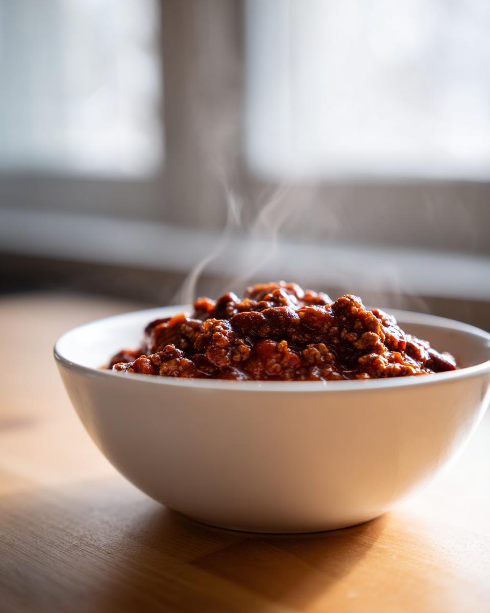 A close-up of a white bowl filled with steaming hot crockpot chili, sitting on a wooden surface.