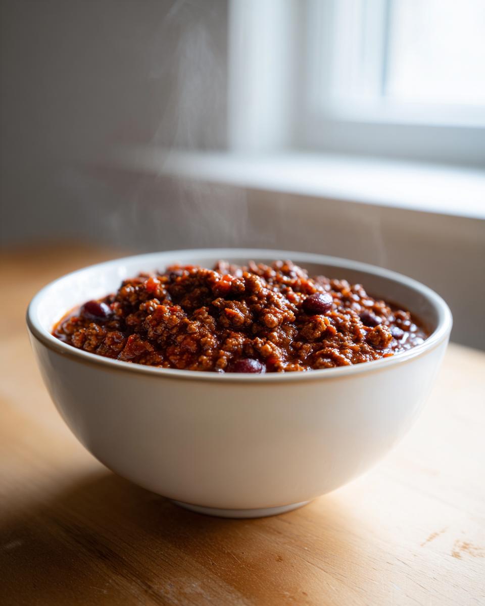 A close-up of a steaming white bowl filled with hearty, rich crockpot chili on a wooden surface.