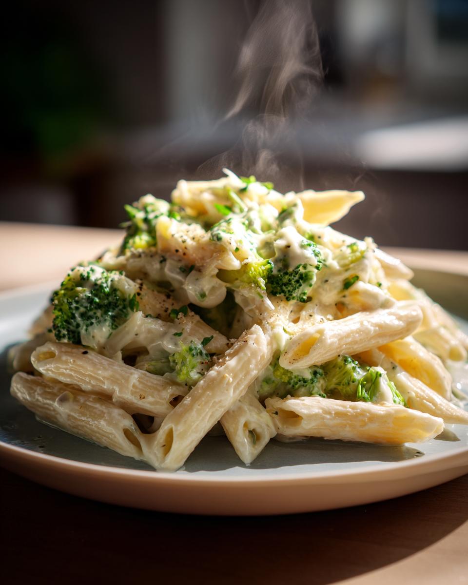 Close-up of a steaming plate of creamy broccoli pasta made with penne, garnished with pepper.