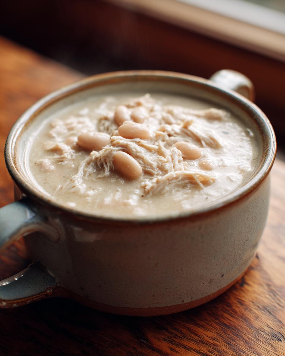 Close-up of a steaming bowl of creamy white chicken chili, featuring shredded chicken and white beans.