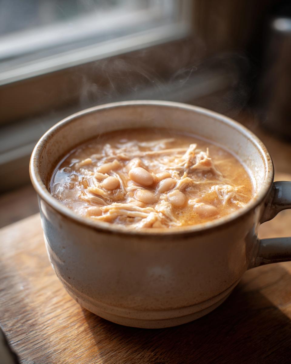 A steaming mug filled with hearty white bean chicken chili, featuring shredded chicken and white beans in a creamy broth.
