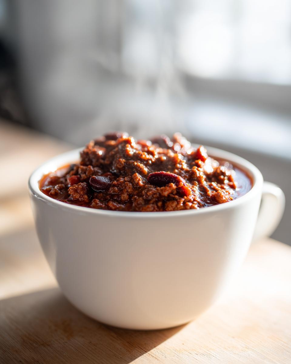 A close-up of a white mug filled with steaming hot crockpot chili, rich with meat and beans.