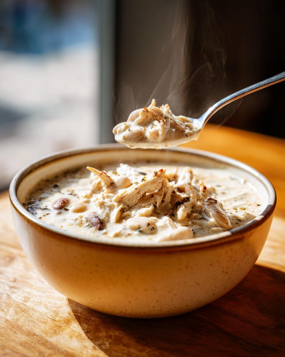 A spoonful of creamy white chicken chili, rich with shredded chicken and beans, is lifted from a bowl.
