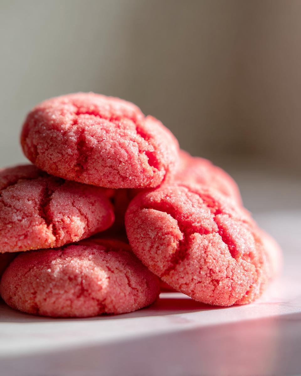 Close-up of a small stack of bright pink, crackled strawberry cake mix cookies coated in sugar.