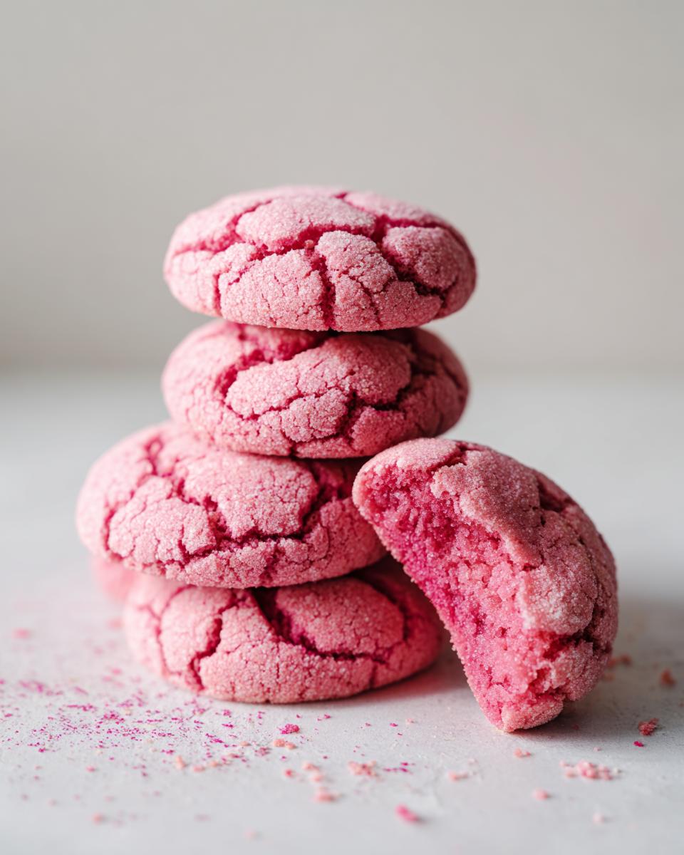 A stack of four bright pink, crackled strawberry cake mix cookies, with one cookie broken open to show the soft interior.