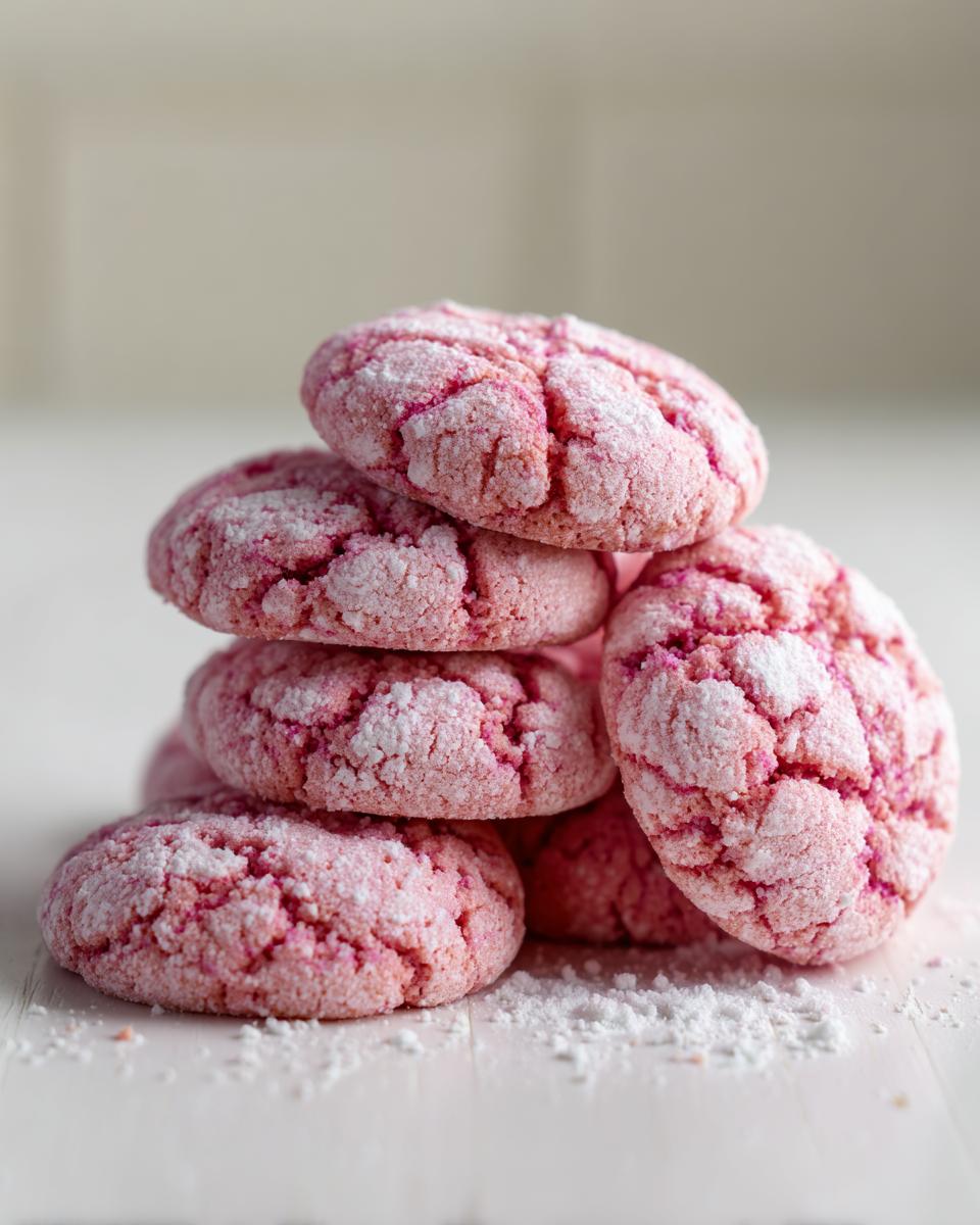 A stack of five pink, crinkled strawberry cake mix cookies dusted heavily with powdered sugar on a white surface.
