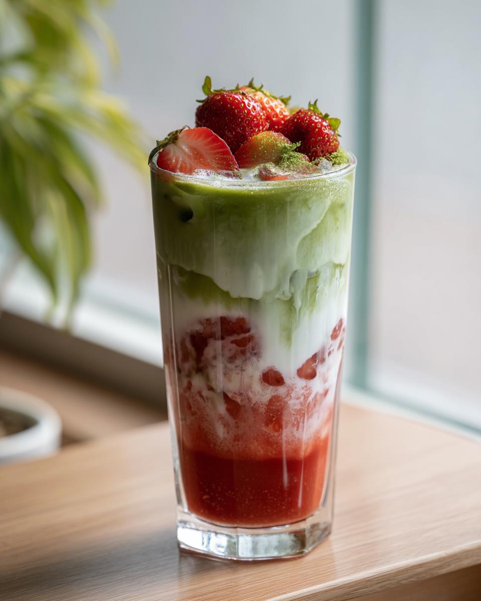 A tall glass featuring a layered strawberry matcha drink with strawberry puree, milk, and green matcha tea, topped with fresh strawberries.
