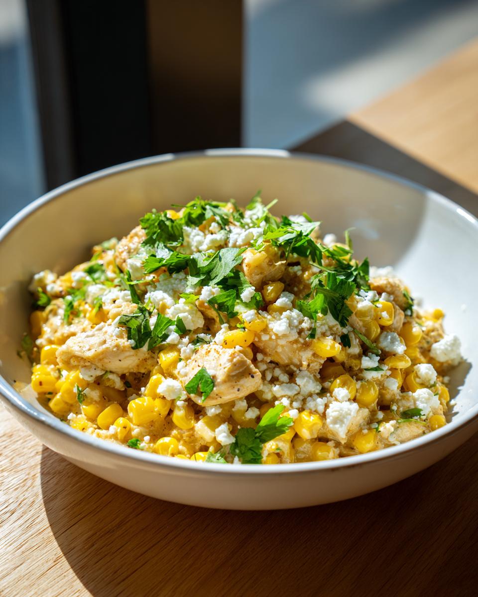 A close-up of a street corn chicken rice bowl featuring creamy corn, diced chicken, crumbled white cheese, and fresh parsley.