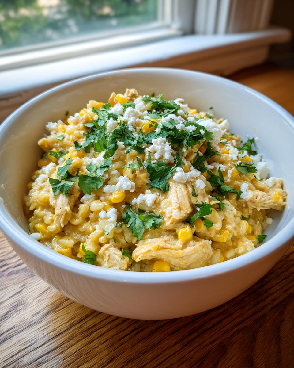 A close-up of a white bowl filled with creamy street corn chicken rice bowl, topped with cotija cheese and fresh cilantro.