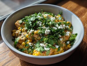 A close-up of a creamy street corn chicken rice bowl topped generously with crumbled white cheese and fresh cilantro.