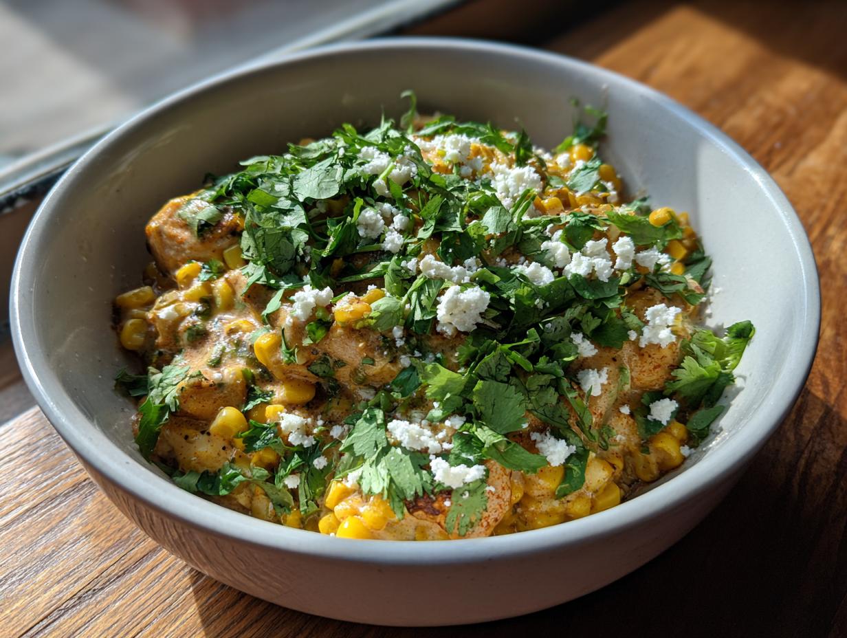 A close-up of a creamy street corn chicken rice bowl topped generously with crumbled white cheese and fresh cilantro.