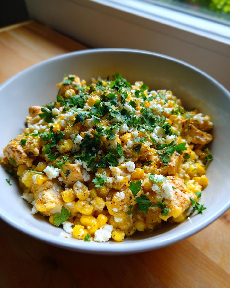 A close-up view of a street corn chicken rice bowl mixture featuring seasoned chicken, yellow corn, crumbled white cheese, and fresh cilantro.