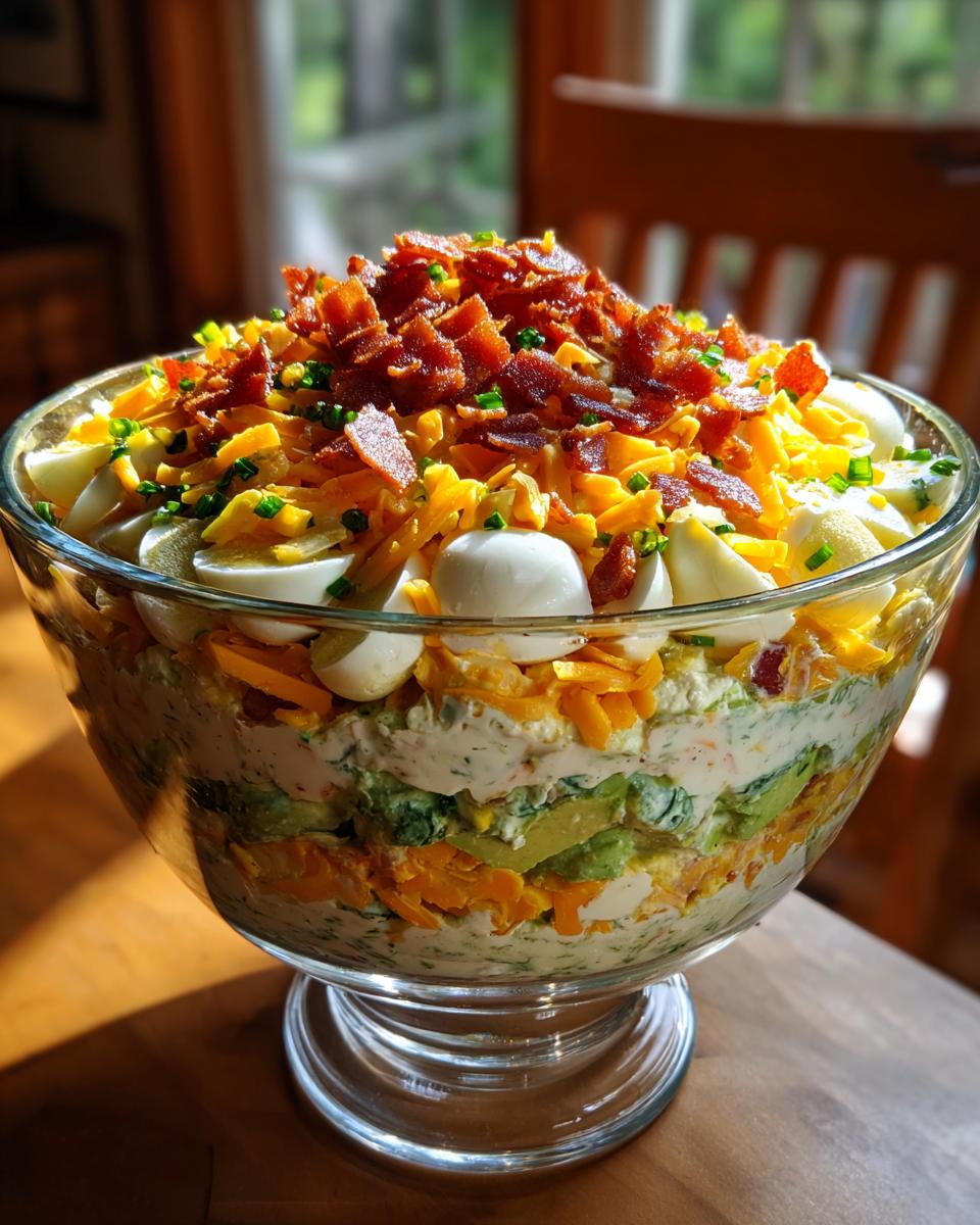 A tall, layered 7 layer salad presented in a clear glass trifle bowl, topped with bacon and eggs.