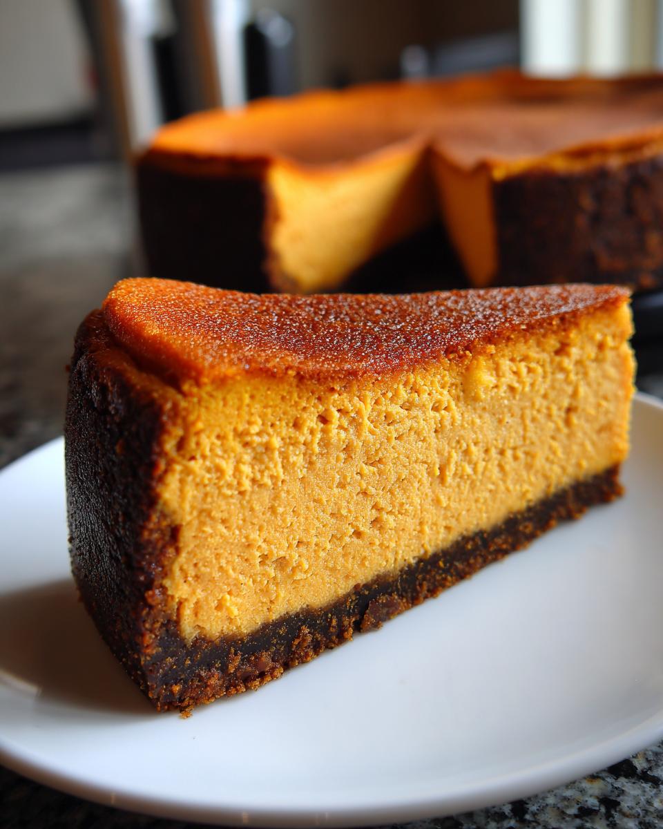 A perfect slice of orange-hued sweet potato cheesecake with a dark crust, served on a white plate.