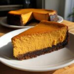A close-up slice of rich, orange sweet potato cheesecake with a dark chocolate crust, served on a white plate.