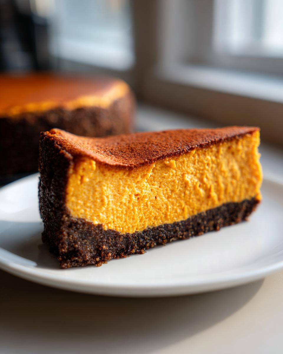 A close-up slice of vibrant orange sweet potato cheesecake with a dark chocolate crust on a white plate.