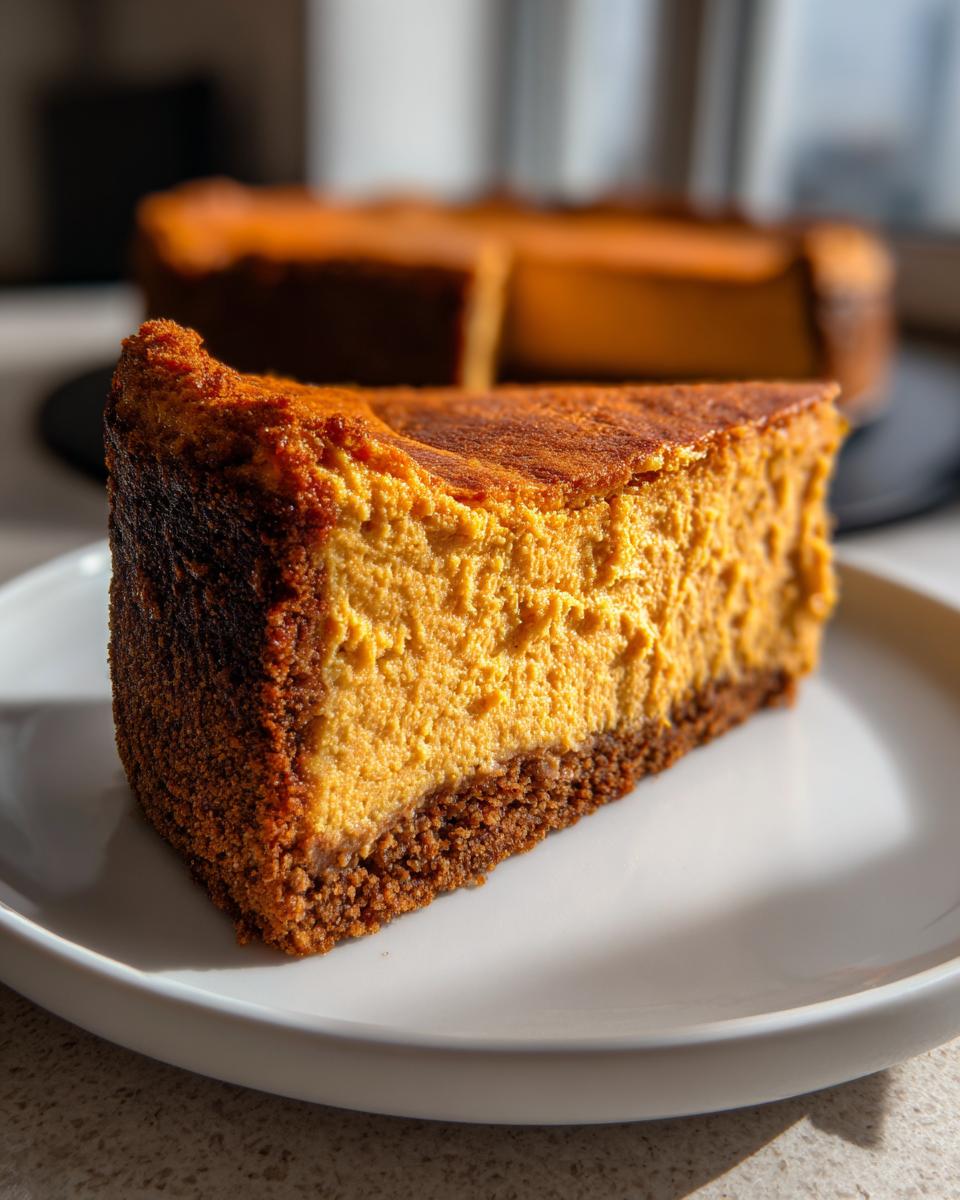 A close-up of a thick slice of baked sweet potato cheesecake with a dark graham cracker crust.
