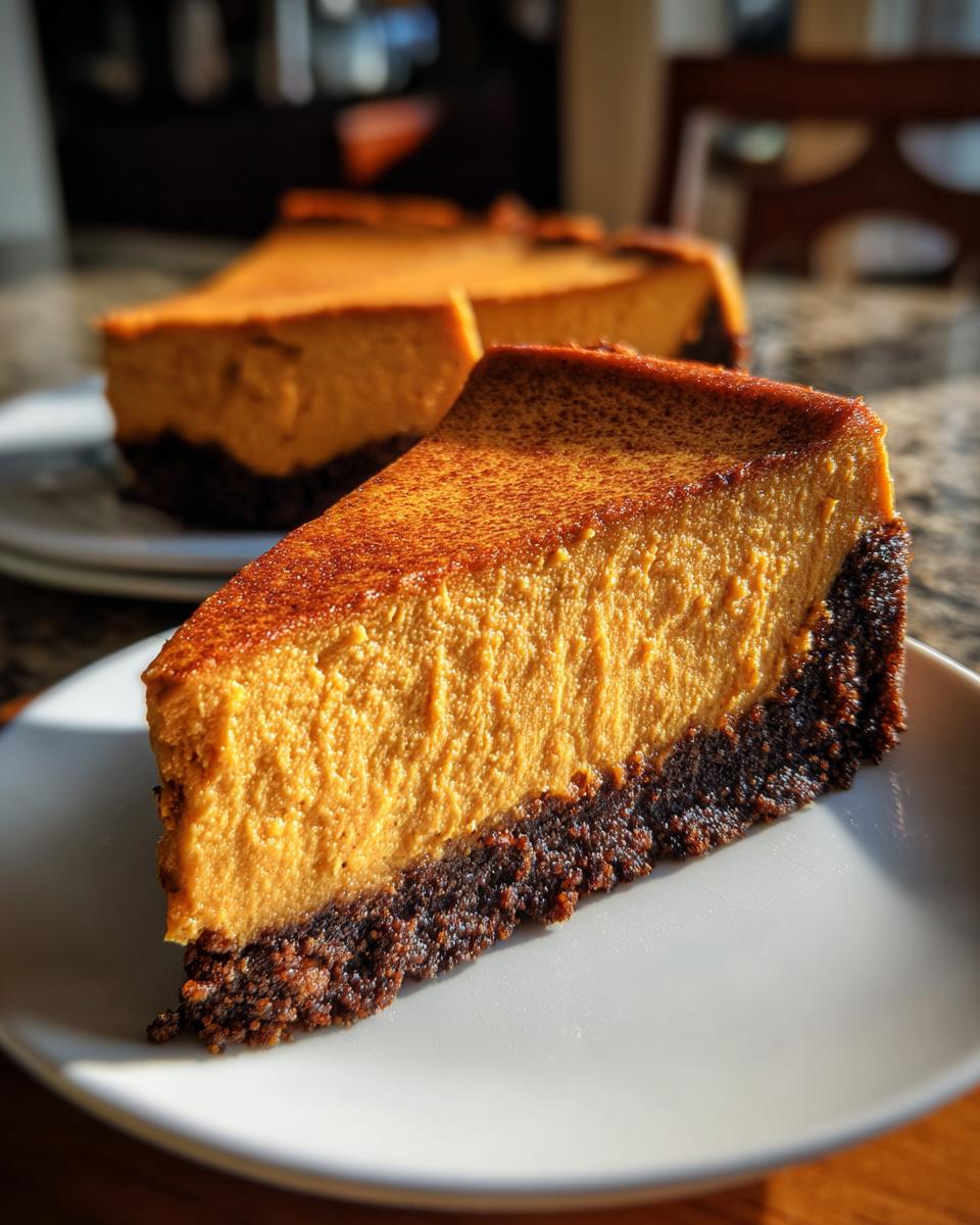 A close-up slice of creamy sweet potato cheesecake featuring a thick, dark chocolate crust, served on a white plate.