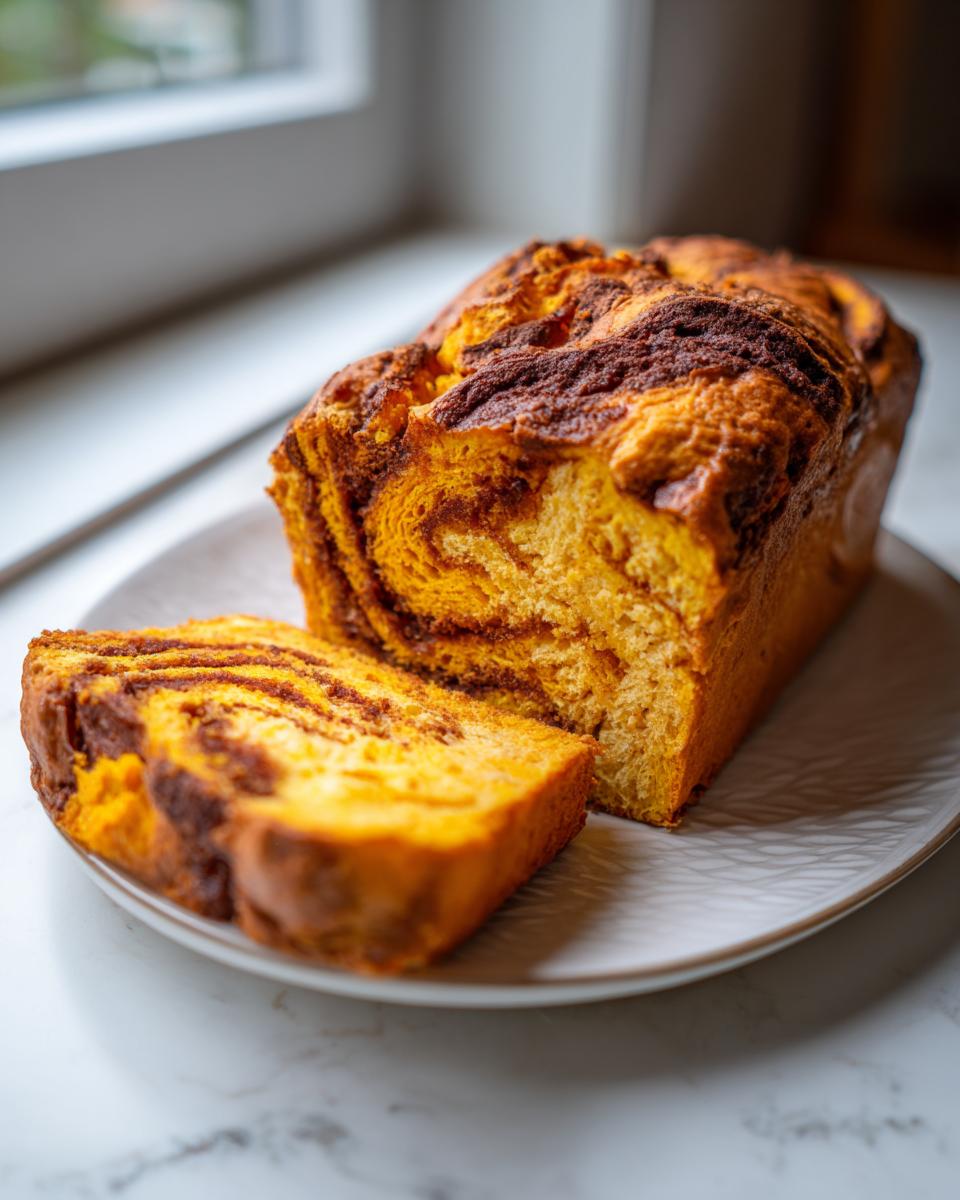 A freshly baked loaf of pumpkin sourdough bread, featuring a rich orange hue and dark cinnamon swirl, with one slice cut and resting beside it.