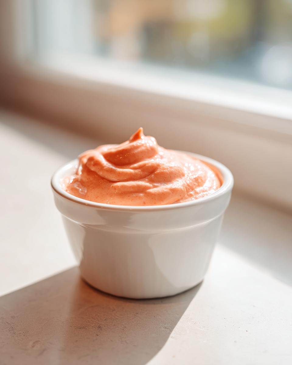A close-up of creamy, orange-pink smash burger sauce swirled high in a small white ramekin, backlit by sunlight.