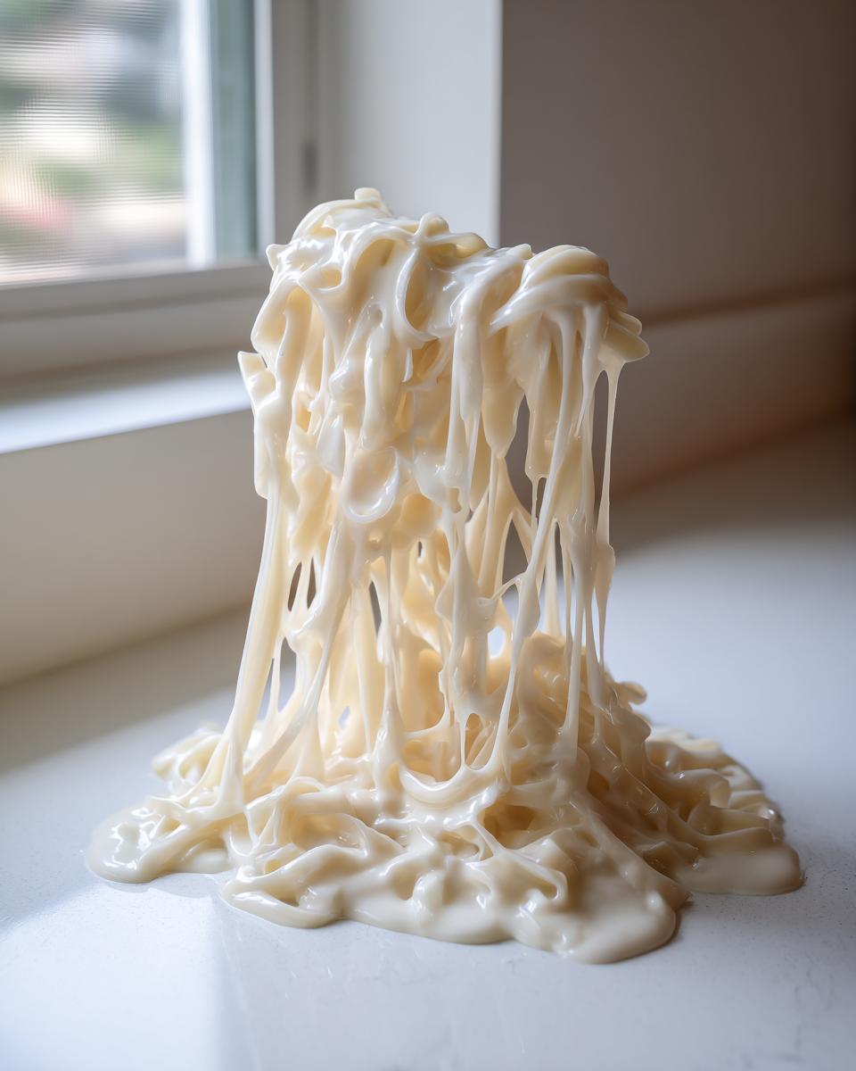 Close-up of thick, creamy homemade alfredo sauce stretching and dripping dramatically on a white surface.