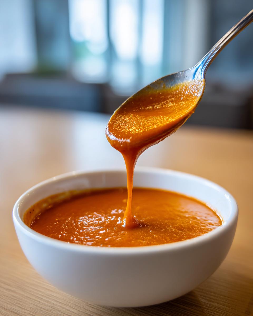 A spoonful of thick, orange-red tomato bisque is drizzled back into a white bowl.