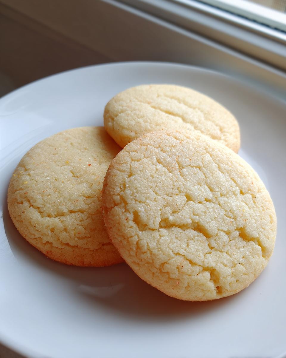Three soft, round sugar cookie treats stacked slightly on a white plate near a window.