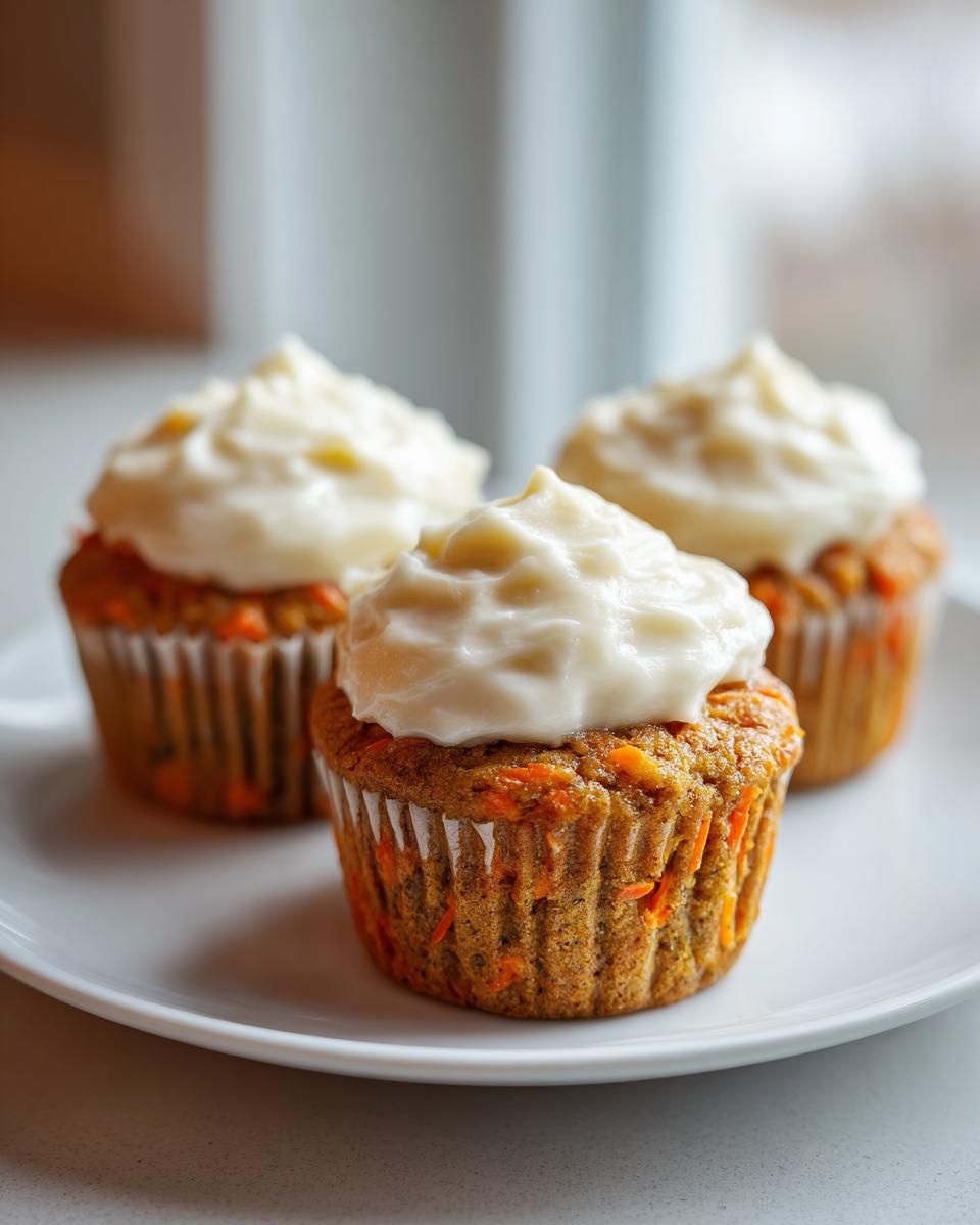 Close-up of three delicious carrot cake muffins topped with thick cream cheese frosting, sitting on a white plate.