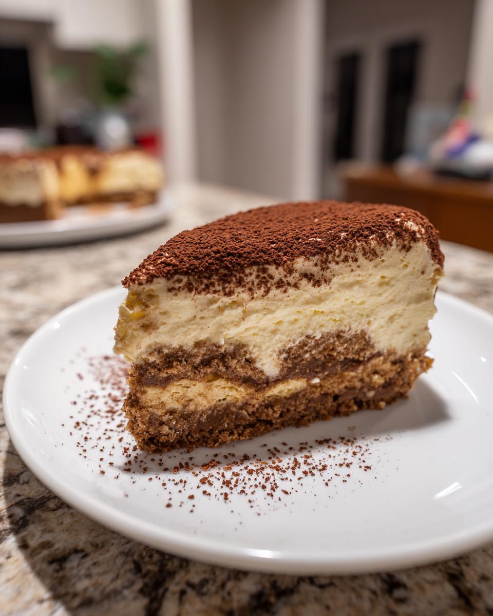 A close-up of a decadent slice of tiramisu cheesecake dusted heavily with cocoa powder on a white plate.