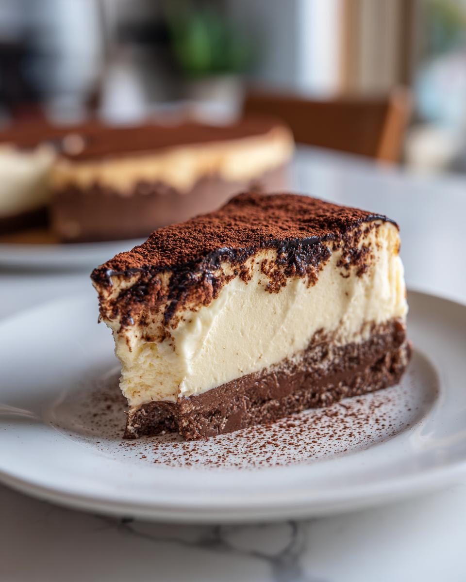 A perfect slice of tiramisu cheesecake showing a dark chocolate base, creamy filling, and cocoa powder top.