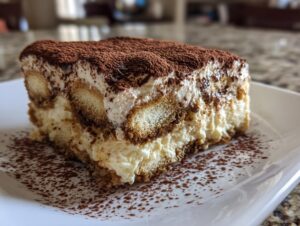 A close-up of a decadent slice of tiramisu cheesecake layered with ladyfingers and cream, topped with cocoa powder.