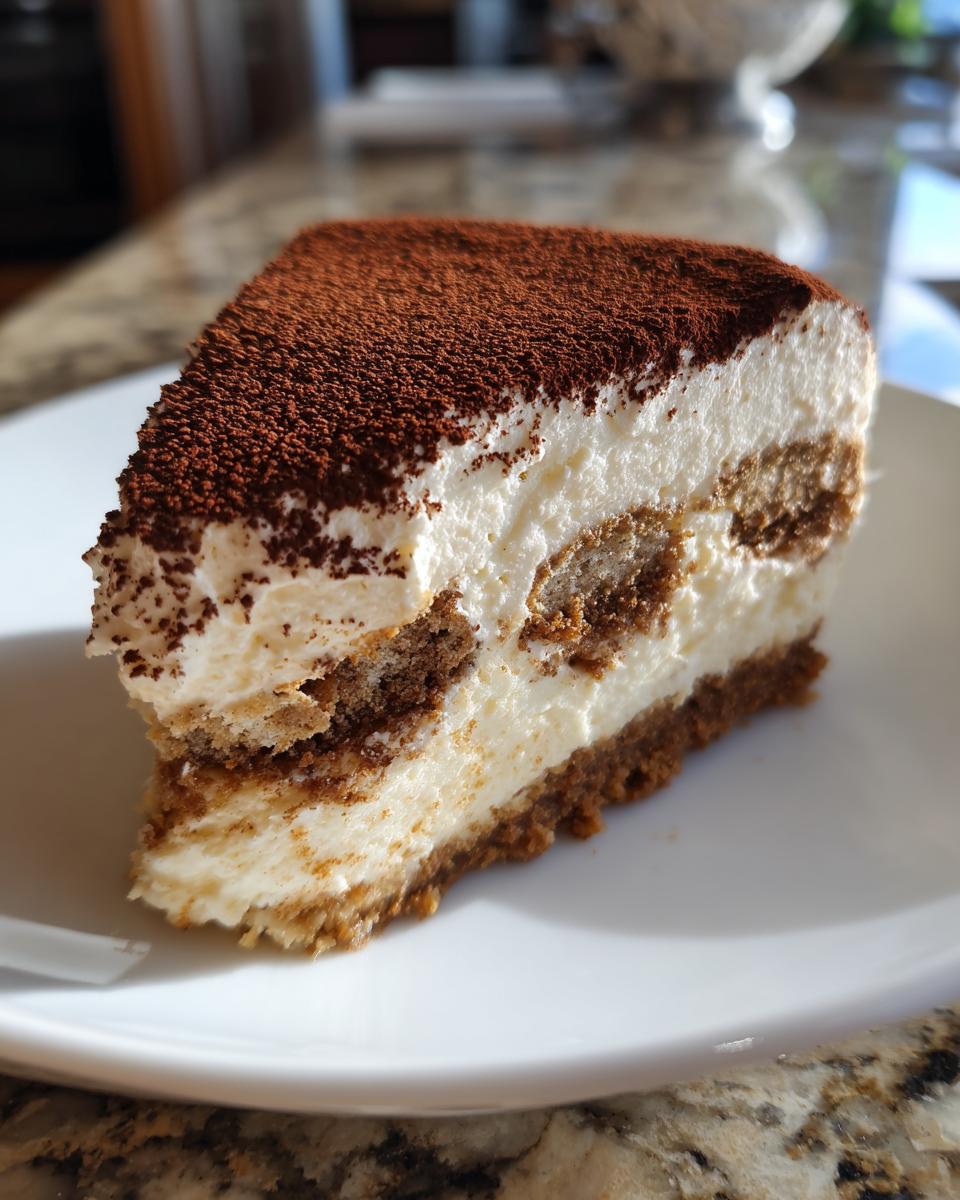 A perfect slice of tiramisu cheesecake showing layers of cream, coffee-soaked ladyfingers, and a cocoa powder topping.